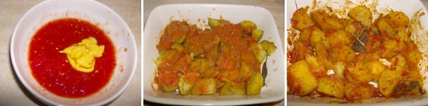 In una ciotola sciogliete la senape con la passata di pomodoro e versatela sulle patate che rimetterete in forno per finire la cottura.