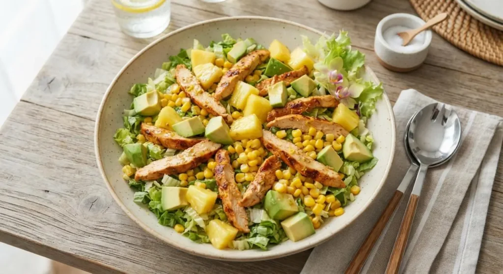 Insalata esotica con pollo fresca in ciotola di ceramica con avocado, ananas e mais pronta da servire