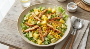 Insalata esotica con pollo: piatto pronto da servire Insalata esotica con pollo fresca in ciotola di ceramica con avocado, ananas e mais pronta da servire