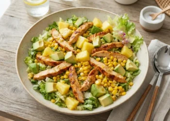 Insalata esotica con pollo fresca in ciotola di ceramica con avocado, ananas e mais pronta da servire