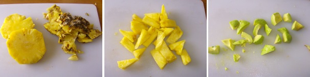 Pulite l’ananas attentantamente e tagliatelo in piccoli pezzi. Fate lo stesso con l’avocado.