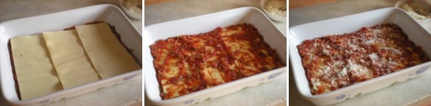 Sistemateci sopra uno strato di lasagne, cospargetele con il ragù e spolverizzate con un cucchiaio di pecorino grattugiato.