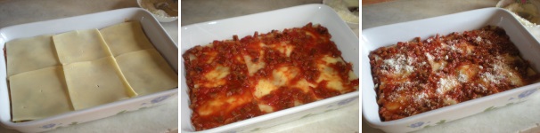 Fate uno strato con le fettine di Emmenthal, cospargetele di ragù e spolverizzate con il pecorino. Continuate in questo modo a strati alterni fino ad esaurimento delle lasagne e delle fettine di Emmenthal.