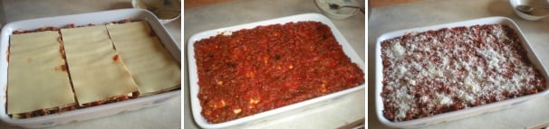 Terminate con uno strato di lasagne, cospargetele bene con il ragù rimasto coprendo bene sia i bordi che gli angoli e spolverizzate con abbondante pecorino.