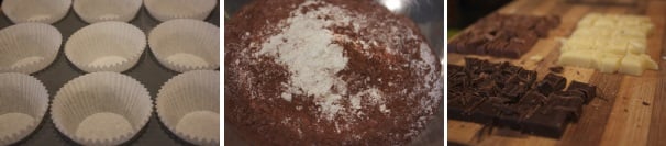 Accendete il forno in modalità ventilata a 180 °C. Sistemate i pirottini in una teglia per muffin. Setacciate la farina, il cacao, il lievito ed il sale in una ciotola ampia. Tagliate i diversi tipi di cioccolato a pezzettini.