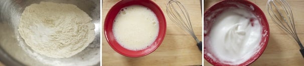 In una ciotola ampia, setacciate la farina con un cucchiaino di sale ed il lievito, in un’altra ciotola mescolate energicamente il tuorlo con il latte ed infine montate l’albume con il succo di limone.