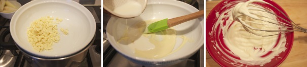 Preparate la mousse sciogliendo il cioccolato bianco a bagnomaria, scaldate il latte fino a farlo sobbollire, non bollire, e versatelo sul cioccolato, mescolate e lasciatelo da una parte per farlo raffreddare. Montate la panna.