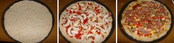 Una volta che l’impasto sarà ben lievitato passate alla preparazione vera e propria della pizza. Su di una teglia a bordo basso mettete un filo di olio e ungete il fondo, quindi stendete la pasta per la pizza e copritela con il fiordilatte a pezzetti, poi il pomodoro a dadini ed i funghi tagliati a fettine, salate e mettete al forno per circa 15 minuti a 250 °C; appena la pizza sarà stata sfornata, conditela con un filo d’olio a crudo e dell’origano, quindi adagiateci sopra le fette di prosciutto crudo e sarete pronti a servirla.