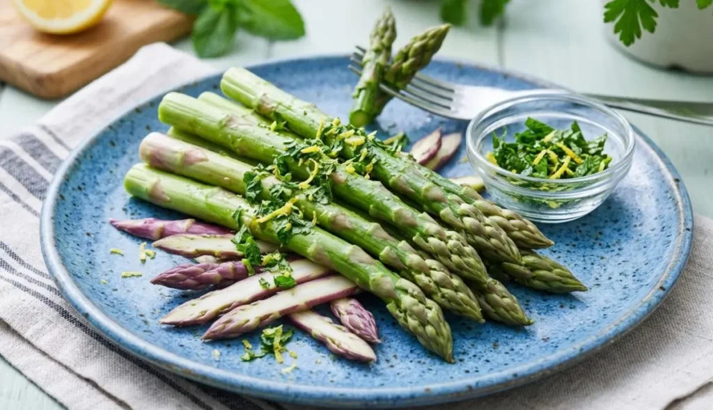 Asparagi detox per sgonfiare le gambe Piatto di asparagi verdi e viola cotti al vapore con scorza di limone e menta fresca, rimedio naturale contro la ritenzione idrica.