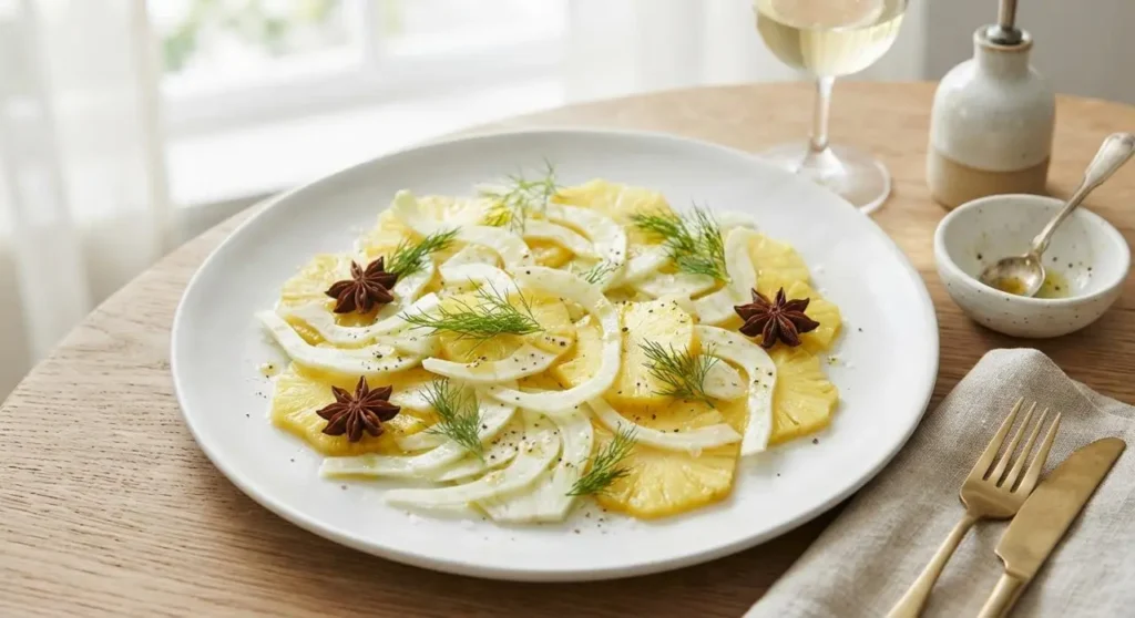 Piatto di carpaccio fresco di finocchi e ananas guarnito con fiori di anice stellato