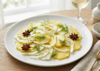 Piatto di carpaccio fresco di finocchi e ananas guarnito con fiori di anice stellato