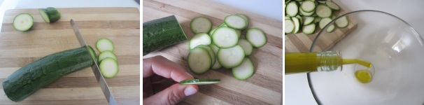 Lavate e tagliate le zucchine a fette sottili, ma non trasparenti. In una ciotola capiente versate l’olio extravergine di oliva.