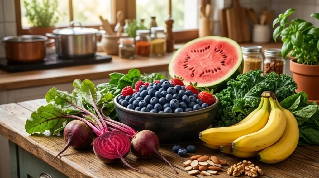 I 5 frutti e verdure miracolosi per la salute del cuore e per combattere l'ipertensione Composizione di super-cibi per abbassare la pressione arteriosa: mirtilli, barbabietole, anguria, banane e verdure a foglia verde su un tavolo da cucina rustico.