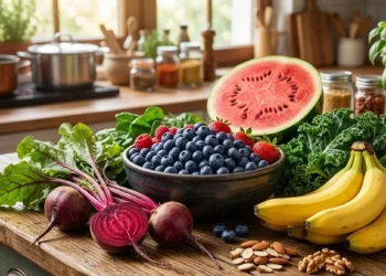 Composizione di super-cibi per abbassare la pressione arteriosa: mirtilli, barbabietole, anguria, banane e verdure a foglia verde su un tavolo da cucina rustico.