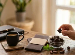 Donna che assapora un quadratino di cioccolato fondente con una tazza di caffè su un tavolo in legno in un ambiente luminoso.