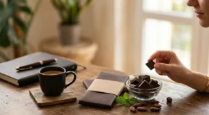 Donna che assapora un quadratino di cioccolato fondente con una tazza di caffè su un tavolo in legno in un ambiente luminoso.