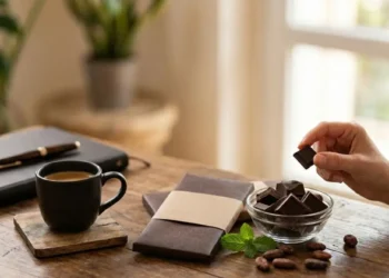 Consumo consapevole di cioccolato fondente Donna che assapora un quadratino di cioccolato fondente con una tazza di caffè su un tavolo in legno in un ambiente luminoso.