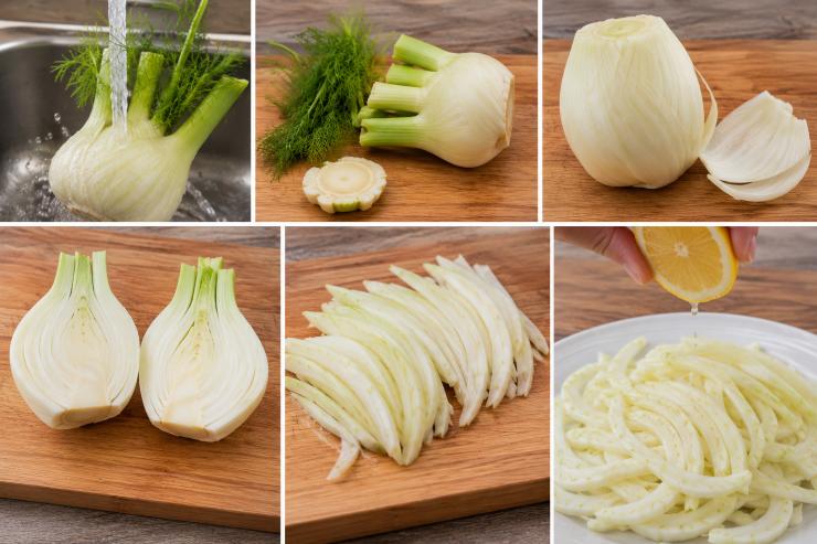 Lavate e asciugate il finocchio, privatelo del ciuffo verde e della parte basale. Togliete anche il primo strato del bulbo. Tagliate il finocchio a metà e affettatelo sottilissimo. Spruzzate le fette con l’altra metà del limone per non farle scurire.