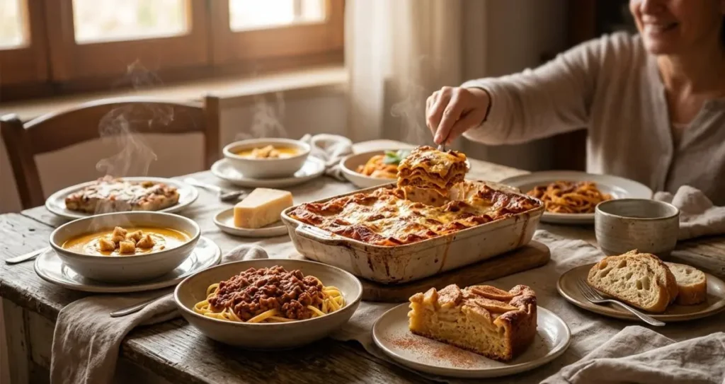Tavola imbandita con piatti tipici del comfort food italiano: lasagne al forno, vellutata di zucca, pasta al ragù e torta di mele in un ambiente accogliente.