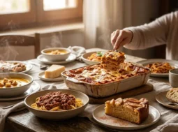 Tavola imbandita con piatti tipici del comfort food italiano: lasagne al forno, vellutata di zucca, pasta al ragù e torta di mele in un ambiente accogliente.