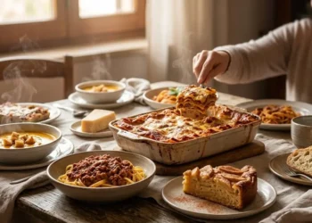 Tavola imbandita con piatti tipici del comfort food italiano: lasagne al forno, vellutata di zucca, pasta al ragù e torta di mele in un ambiente accogliente.