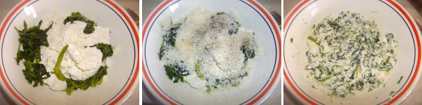 Non appena gli spinaci saranno ben freddi, unitevi la ricotta, insieme a metà del parmigiano ed al pepe. Amalgamate tutto fino ad ottenere un composto omogeneo.