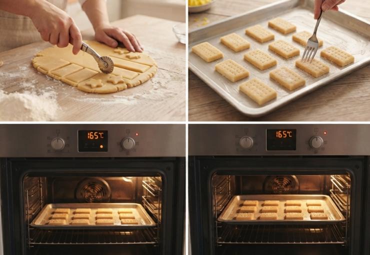 Stendete l’impasto dello spessore di circa mezzo centimetro. Tagliatelo a rettangoli, o in alternativa potrete scegliere di usare delle formine per biscotti. Disponete i biscotti su una teglia imburrata. Praticate dei forellini con la forchetta e cospargete un po’ di zucchero. Infornate per circa 15-18 minuti a 165°C nel forno preriscaldato in modalità ventilata.