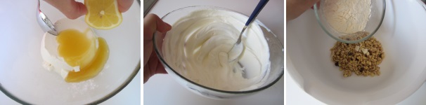 Per prima cosa preparate la crema alla ricotta. In una ciotola tonda unite la ricotta, due cucchiaini di miele e il succo di mezzo limone. Mescolate vivacemente per levare tutti i grumi. Dopo circa cinque minuti la crema dovrebbe risultare liscia e lucida. A questo punto mettetela in frigo. In un’altra ciotola unite la farina al muesli.
 