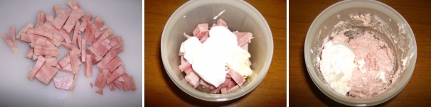 La prima cosa da preparare è la mousse che dovrò poi essere lasciata qualche minuto a riposare in frigo. Tagliate il prosciutto cotto in pezzi grossolani, mettetelo nel frullatore insieme alla panna da cucina e fatelo frullare molto finemente, una volta pronto amalgamatevi la ricotta e riponetelo in frigo per una decina di minuti.