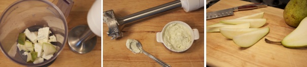 Con un frullatore ad immersione frullate la feta con qualche cubetto di pera, per ottenere una crema densa. Tagliate il resto della pera in fettine più o meno sottili.