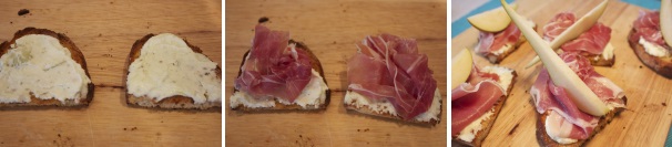 Componete ora i crostini, mettendo alla base la crema di feta, adagiando il prosciutto, in modo che la fettina resti morbidamente appoggiata ed infine la fettina di pera.