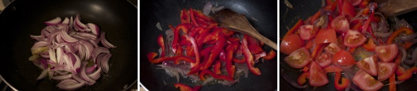 Affettate la cipolla e lasciatela imbiondire in una padella ampia, pulite e tagliate i peperoni a listarelle e metteteli a cuocere con la cipolla. Infine tagliate i pomodori a grappolo, aggiungeteli nella padella e fate cucinare per qualche minuto a fuoco alto.