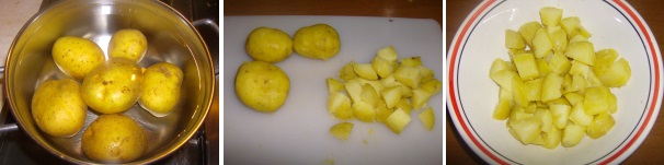 Lessate le patate in abbondante acqua salata per almeno 30 minuti, quindi una volta cotte scolatele e pelatele, tagliatele a dadini, traferitele in una ciotola e conditele con un filo d’olio, quindi lasciatele freddare.