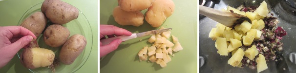 Togliete le patate dalla pentola e fatele intiepidire, dopodiché sbucciatele e tagliatele a dadini, unitele alla cipolla e mescolate facendo attenzione a non schiacciare troppo le patate.