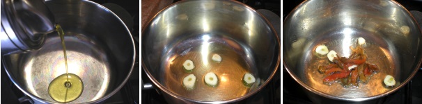 Versate in una casseruola l’olio extravergine di oliva. Unite lo spicchio di aglio pelato e tagliato a fettine lasciandolo colorire a fiamma medio bassa.