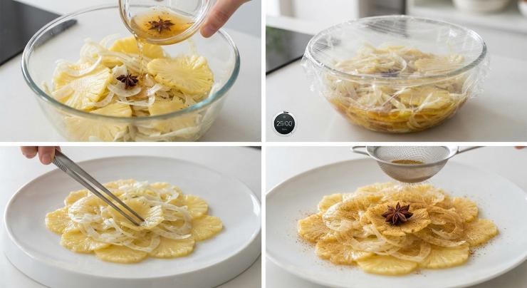 In una ciotola capiente unite le fette di ananas, il finocchio, il condimento precedentemente preparato e l’acqua di cottura dell’anice. Lasciate a macerare per 30 minuti circa. Mettete le fette su un piatto, sovvraponendo l’ananas e il finocchio. Spolverate con l’anice in polvere rimasto e servite.