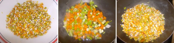 Mettete il legumi ed i cereali in una scodella e teneteli una notte a bagno in acqua fredda. Al momento di preparare la zuppa, scolateli e teneteli da parte. Tritate grossolanamente il sedano, la carota e la cipolla e uniteli insieme ad un filo di olio in una casseruola capiente facendoli ammorbidire, unite il mix di cereali e legumi e fateli tostare come fosse un risotto.