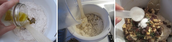 Unite l’olio, l’acqua tiepida e il preparato di uvetta e rosmarino. Alla fine aggiungete il sale e mescolate per bene in modo da amalgamare tutti gli ingredienti. L’impasto deve risultare liscio, morbido e non appiccicoso. Lavoratelo a mano sul piano di lavoro per 10 minuti, aggiungendo se necessario un po’ di farina alla volta. Lasciate riposare l’impasto in una ciotola coperta da un panno umido per 20-30 minuti, o comunque fino a quando l’impasto non raddoppia di volume.