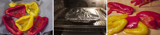 Lavate, tagliate e private dei semi i peperoni, disponeteli su una teglia con un pizzico di sale, un filo d’olio e un po’ di rosmarino. Copriteli con della carta stagnola e cuoceteli in forno per circa 20 minuti a 190 °C. Una volta cotti lasciateli coperti per 5-10 minuti, poi spellateli e tagliateli a strisce larghe.