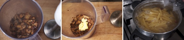 Quando i funghi saranno cotti, trasferiteli in un recipiente dove potrete frullarli con il frullatore ad immersione. Per frullare al meglio e rendere il tutto cremoso aggiungete un po’ di acqua di cottura della pasta ed il burro. Nel frattempo potrete cominciare a cucinare la pasta.