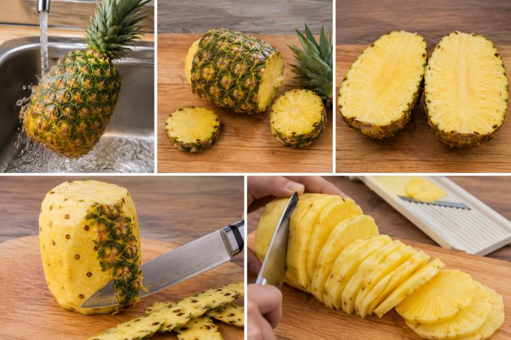 Lavate l’ananas sotto l’acqua corrente. Tagliate via le due estremità e poi tagliate il frutto a metà. Con un coltello a lama affilata rimuovete la buccia, tagliando bene via tutte le parti verdi. Affettate l’ananas a fettine sottilissime (se non avete un coltello lungo, liscio e molto affilato potete usare la mandolina ).