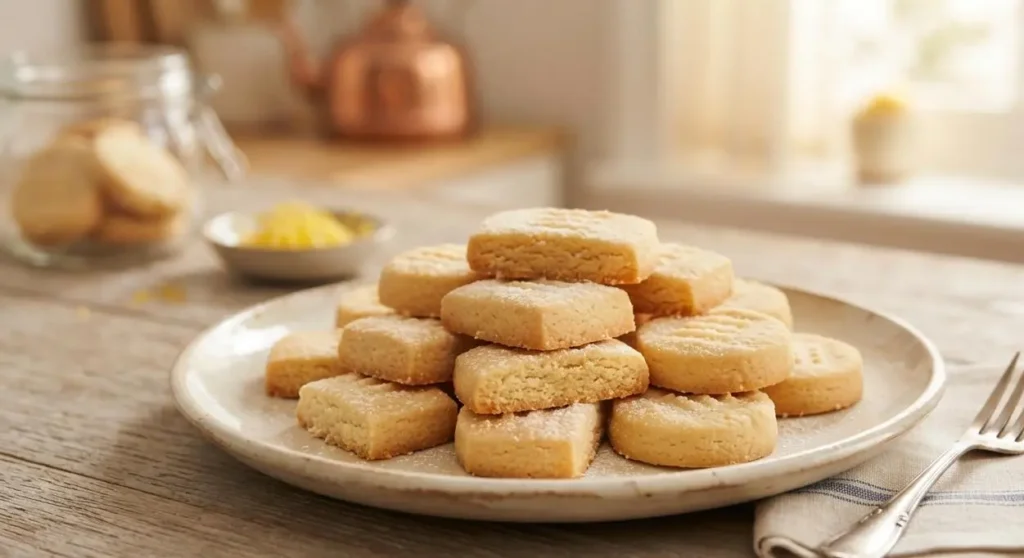 Biscotti al burro al profumo di limone shortbread fatti in casa Biscotti al burro al limone shortbread disposti su un piatto pronti per essere serviti