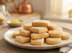 Biscotti al burro al limone shortbread disposti su un piatto pronti per essere serviti