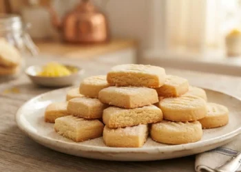 Biscotti al burro al limone shortbread disposti su un piatto pronti per essere serviti