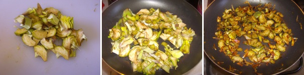 Pulite i carciofi tenendo le parti più tenere, tagliateli molto finemete e fateli andare a fuoco vivo per sette minuti circa, in una padellina in cui avrete scaldato qualche cucchiaio di olio e un po’ di aglio fresco, quindi salateli e fateli ben tostare.