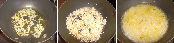 Tritate finemente la cipolla e fateli imbiondire in un tegame con un filo d’olio, unitevi il riso e lasciatelo tostare qualche minuto, unitevi qualche mestolo di semplice acqua che avrete già scaldato in precedenza ed iniziate con la cottura del risotto, che è indicata sulla scatola del prodotto.