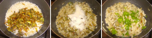 A metà del tempo di cottura del riso unitevi i carciofi cotti in precedenza e salate il tutto. Quindi terminate la cottura e mantecate con burro e parmigiano, unite una generosa manciata di prezzemolo tritato e servite.