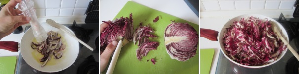 Aggiustate di sale il riso e soffriggete la cipolla un minuto. Lavate il radicchio e tagliatelo nella direzione verticale, intorno alla parte bianca centrale del fusto. Aggiungete alla cipolla soffritta e mescolate.