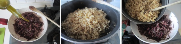 Aggiustate il radicchio con olio e sale. Controllate la cottura del riso. Dovrebbe essere cotto al dente ed aver assorbito tutta l’acqua. Versate sopra il riso, mescolate e cuocete ancora 5 minuti a fuoco basso.