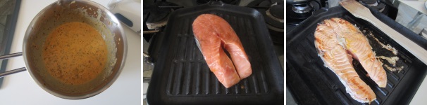Fate raffreddare la salsa. Riscaldate la piastra e disponetevi sopra il trancio di salmone. Grigliate due minuti da ogni lato a fuoco medio per creare una leggera crosticina dorata.
 